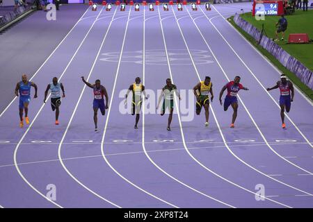 Parigi, Francia. 4 agosto 2024. 100 metri finale di atletica leggera maschile alle Olimpiadi estive 2024, domenica 4 agosto 2024 a Parigi, Francia. (Foto di Spada/LaPresse) credito: LaPresse/Alamy Live News Foto Stock