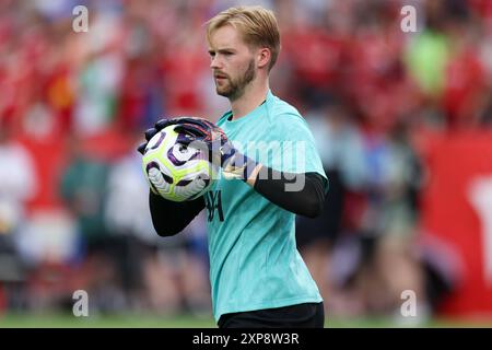 3 agosto 2024: Portiere del Liverpool Caoimhin Kelleher (62) durante il riscaldamento per i rivali in Red match tra Manchester United e Liverpool al Williams-Brice Stadium di Columbia, South Carolina. Greg Atkins/CSM (immagine di credito: © Greg Atkins/Cal Sport Media) Foto Stock