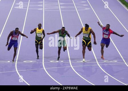 Parigi, Francia. 4 agosto 2024. 100 metri finale di atletica leggera maschile alle Olimpiadi estive 2024, domenica 4 agosto 2024 a Parigi, Francia. (Foto di Spada/LaPresse) credito: LaPresse/Alamy Live News Foto Stock