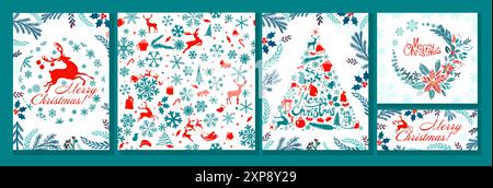 Set di biglietti di Natale con cervi e fiocchi di neve. disegno a mano. Non ai, illustrazioni vettoriali. Illustrazione Vettoriale