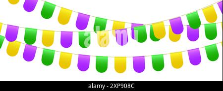 Bandiere di bunting, bandiere per feste di carnevale, pennant festivi del Mardi Gras appesi su una corda. Illustrazione Vettoriale