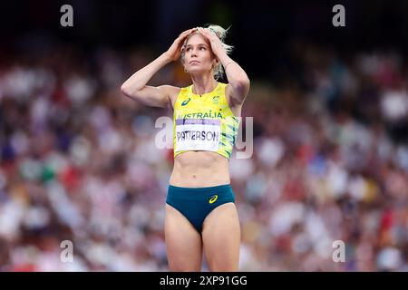 Parigi, Francia, 4 agosto 2024. Elenor Patterson dell'Australia reagisce durante il salto in alto femminile durante i Giochi Olimpici di Parigi del 2024 allo Stade de France il 4 agosto 2024 a Parigi, in Francia. Crediti: Pete Dovgan/Speed Media/Alamy Live News Foto Stock