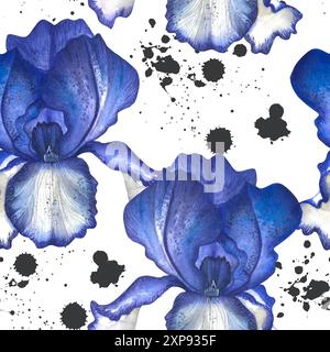 Fiori di Iris e macchie di inchiostro. Acquerello illustrazione botanica disegnata a mano di fiori. Motivo senza cuciture Foto Stock