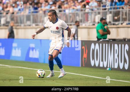 Columbus, Ohio, Stati Uniti. 3 agosto 2024. Difensore del Chelsea FC Malo gusto (27). Il Manchester City gioca con il Chelsea FC in un'amichevole internazionale all'Ohio Stadium. Crediti: Kindell Buchanan/Alamy Live News Foto Stock