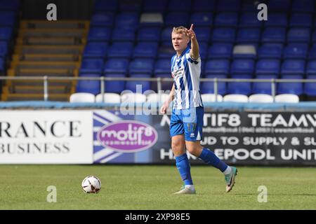 Billy Sass-Davies dell'Hartlepool United durante l'amichevole di pre-stagione tra Hartlepool United e Nottingham Forest a Victoria Park, Hartlepool, sabato 3 agosto 2024. (Foto: Mark Fletcher | mi News) crediti: MI News & Sport /Alamy Live News Foto Stock