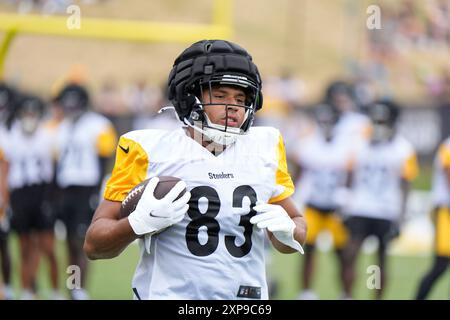 Latrobe, Pennsylvania, Stati Uniti. 3 agosto 2024. 3 agosto 2024: Connor Hayward n. 83 durante il campo di allenamento dei Pittsburgh Steelers a Latrobe, Pennsylvania, al St. Vincent College. Brook Ward/AMG (immagine di credito: © AMG/AMG via ZUMA Press Wire) SOLO PER USO EDITORIALE! Non per USO commerciale! Foto Stock