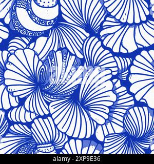 Motivo a conchiglia blu azzurro bianco con sfondo batik senza cuciture in lino, moderno cottage costiero sulla spiaggia rustico stampa a conchiglia design a motivi per la casa Foto Stock