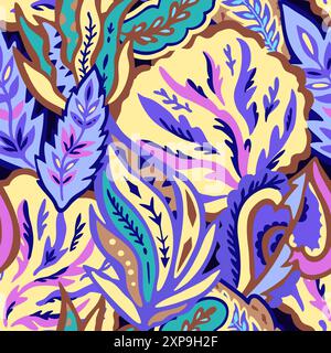 Motivo colorato senza cuciture con elementi astratti psichedelici e floreali caotici. Illustrazione vettoriale. Illustrazione Vettoriale