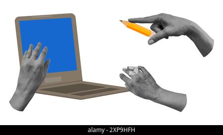 Ritorno a scuola collage con le mani mezzitoni. Cartoline, notebook, banner di design di tendenza. Illustrazione vettoriale. Illustrazione Vettoriale