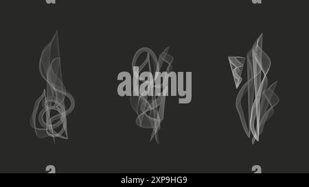 Effetto sovrapposizione fumi vettore realistico. Nebbia bianca su sfondo scuro. Fumo dal fuoco o dalla nuvola. Fenomeno atmosferico naturale. Illustrazione Vettoriale
