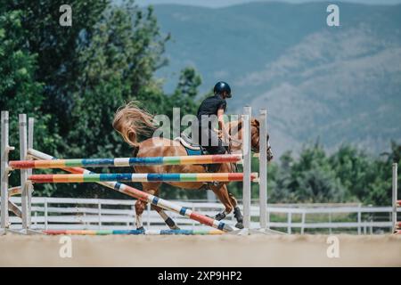 Cavaliere che salta su ostacoli colorati durante una gara equestre in un'arena all'aperto sullo sfondo delle montagne Foto Stock