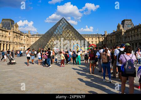 Parigi, Francia - 2 agosto 2024 : i turisti aspettano in fila per il selfie degli anelli Olimpici di fronte alla piramide di vetro del Museo del Louvre durante il Foto Stock