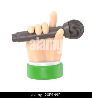 Icona del gesto del cartone animato Mockup.mano del cartone animato che tiene il microfono e mostra le corna o il gesto rock. Rendering 3D su sfondo bianco. Foto Stock