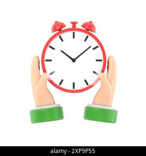 Proteggere il tempo. Concetto di risparmio di tempo. Un uomo d'affari in mano tiene un orologio, sveglia. illustrazione 3d disegno piatto. Salvare l'orologio. Controllare il tempo. Succe Foto Stock