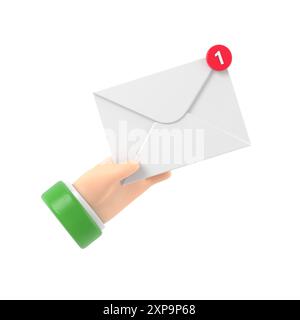 Informazioni sul messaggio ricevuto. Nuovo, messaggio in arrivo e-mail, sms. Servizio di consegna della posta. Busta in mano. ricevi posta. Rendering 3D su sfondo bianco. Foto Stock