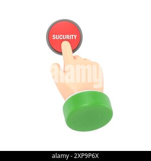 Pulsante Security (sicurezza). Mano che preme il pulsante rosso. Premere il dito. illustrazione 3d disegno piatto. Inizio azione, concetto. SOS icon.rendering 3D su sfondo bianco Foto Stock