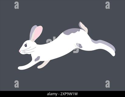 Grafica vettoriale di un coniglio bianco. L'animale peloso salta, corre. Coniglietto pasquale su sfondo grigio. Illustrazione Vettoriale