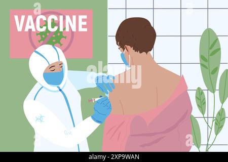 Un medico donna che dà un colpo di influenza libera alla mano di un paziente di sesso maschile. Nuovo vaccino contro la COVID-19, sperimentazioni cliniche sull'uomo. Illustrazione vettoriale. Illustrazione Vettoriale