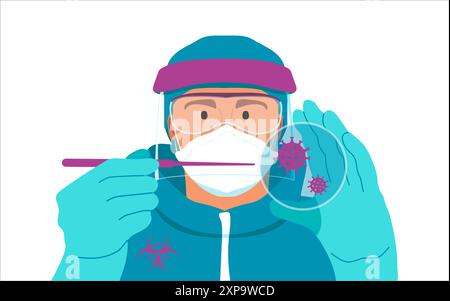 Virologo mostrano virus da pipetta su piastra Petri. Spero che il coronavirus possa essere sconfitto. Illustrazione vettoriale man in generale isolato su fondo bianco Illustrazione Vettoriale