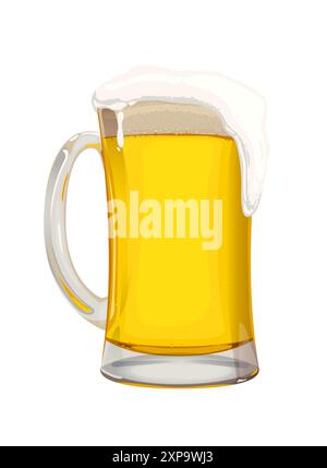 Birra con schiuma bianca in una tazza di vetro. Illustrazione vettoriale per il festival Oktoberfest. Un elemento per il design di una birreria artigianale o di un menu da bar. Illustrazione Vettoriale