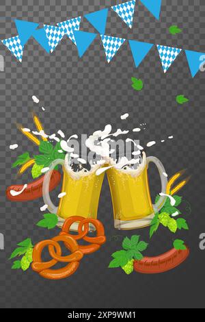 Pubblicità del tradizionale festival della birra Oktoberfest con un bicchiere di birra, pretzel, luppolo e salsicce. Il concetto di progettazione di un poster, inv Illustrazione Vettoriale