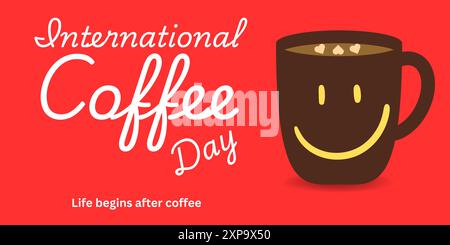 Giornata internazionale del caffè, vettoriale, isolato su sfondo rosso, tazza di caffè con decorazione emoji felice e forma a cuore cosparso, Illustrazione Vettoriale