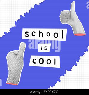 Collage di tendenza a mezzitoni con dita su, carta strappata. La scuola è fantastica. Ritorno al concetto di scuola. Scheda con concetto didattico su sfondo blu punteggiato. Illustrazione vettoriale Illustrazione Vettoriale