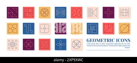 Forme della linea. Icone quadrate del brutalismo per gli edifici architettonici. Struttura a griglia piatta con geometria minima per la progettazione di applicazioni sottili. Moduli di base. Si astratta Illustrazione Vettoriale