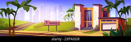 Moderno palazzo suburbano sullo sfondo del paesaggio cittadino. Casa per illustrazioni di cartoni animati vettoriali con garage con palme in giardino, cartello sull'autostrada per la grande città, sagome di grattacieli, immobili Illustrazione Vettoriale