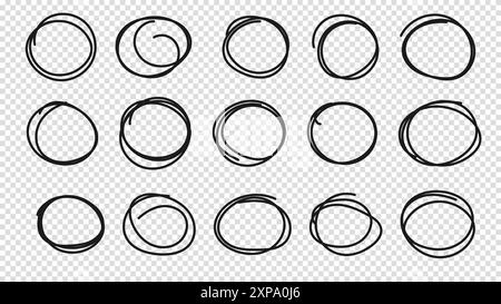 Set di schizzi con linea ovale o cerchio disegnato a mano. Disegnare a mano rotondi con scarabocchi circolari. Illustrazione vettoriale per la nota del messaggio segna il disegno eleme Illustrazione Vettoriale