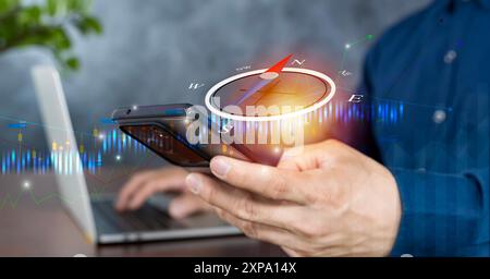 Business Navigate Recovery, Abstract, la bussola navigare per gli uomini d'affari per riprendere la crescita delle imprese nella crisi economica, ripensare, reinventare e Rec Foto Stock