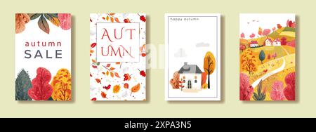 Una serie di poster verticali con cartoline autunnali. Colline paesaggistiche. Bella casa. Invito alla vendita. Copertina di riviste e libri. Illustrazione Vettoriale