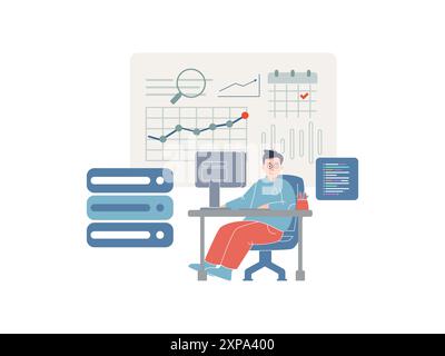 Esperto di analisi e scienza dei dati, character worker che analizza la tabella dei dati professione moderna di ricerca informatica Illustrazione Vettoriale