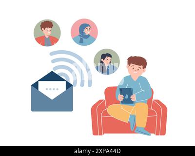 Email marketing invio messaggio online connessione Internet comunicazione DM Direct mail marketing promozione Illustrazione Vettoriale