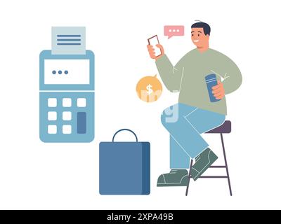 effettuare il pagamento metodo moderno senza contanti pagamento senza contatto pagamento acquisti negozio trasferimento smartphone acquisto illustrazione Illustrazione Vettoriale