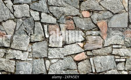 Un motivo senza cuciture caratterizzato da un muro in pietra rustica con texture intemperie, che mostra pietre naturali e colori variabili. Foto Stock