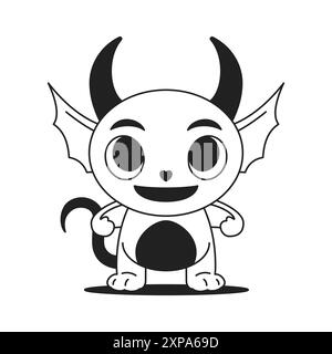 Y2K comico Little Devil Demon malvagio mascotte neo gothic contorno icona vettoriale immagine piatta. Simpatico mostro bambino divertente vampiro con corna e coda contemp Illustrazione Vettoriale