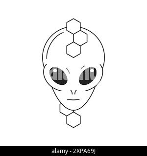 La testa aliena Y2K con forme geometriche astratte poligonali delineano l'illustrazione piatta del vettore dell'icona. UFO umanoide psichedelico volto ritratto futuristico scien Illustrazione Vettoriale