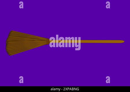 Illustrazione vettoriale a tema Halloween di una scopa classica delle streghe su sfondo viola. Perfetto per decorazioni e design spaventosi. Illustrazione Vettoriale
