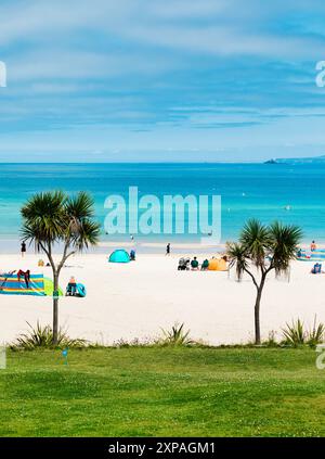 Palme sopra la spiaggia di Porthminster e l'Oceano Atlantico, St Ives, Cornovaglia, Regno Unito Foto Stock