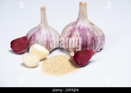 Teste di aglio e spicchi. condimento secco in polvere all'aglio su sfondo bianco. Foto Stock