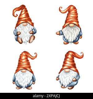 Gnome autunnale in cappello arancio conus. Serie di illustrazioni isolate ad acquerello disegnate a mano. Nano magico. Carino personaggio dei cartoni animati Fall elfo per le stampe dei bambini Foto Stock