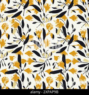 Moderno motivo blockprint in tessuto stampato con fiori selvatici e texture in lino. Motivi floreali boho scuri disegnati a mano stilizzati per elementi di design decorativi Foto Stock