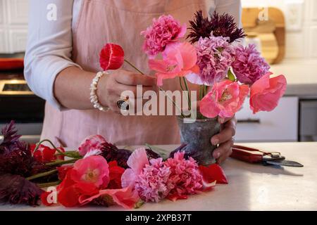 Donna che organizza un bouquet di papaveri in un vaso su un bancone della cucina Foto Stock
