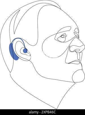 Disegno continuo di un anziano che indossa apparecchi acustici. Concetto di trattamento Otolaringoiatrico. Disegno di una linea del dispositivo sanitario, tecnologia medica Illustrazione Vettoriale