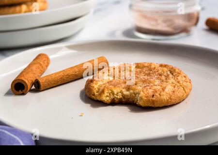 Un biscotto di snickerdoodle su un piatto con bastoncini di cannella Foto Stock