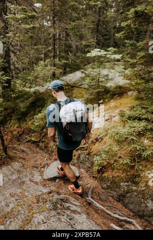 Escursioni maschili lungo le rocce e le radici dell'Appalachian Trail nel Maine Foto Stock