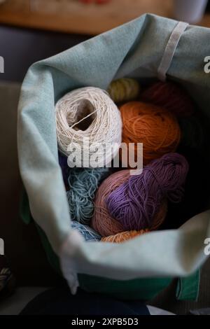 Primo piano del mazzo di filati per maglieria nel cestello Foto Stock