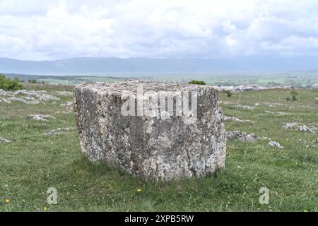 Begovača, Livno, Bosnia ed Erzegovina - maggio 2023: Lapide medievale di Stećak ('Begovača 2/Mašet'). Ci sono più di 70.000 di queste tombe di Stećak Foto Stock
