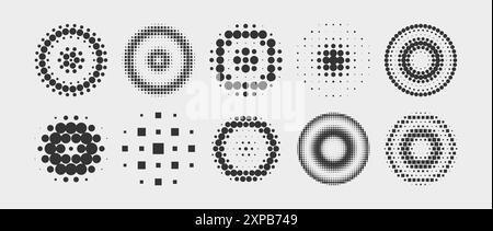 mezzitoni punti geometrici sfumatura e texture pop art. Mezzitoni circolari. Cerchi tratteggiati astratti. Illustrazione vettoriale Illustrazione Vettoriale